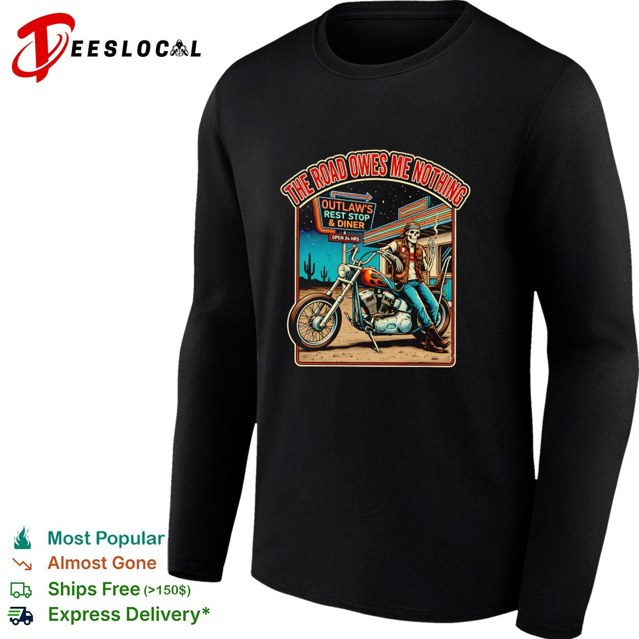 Skeleton biker at outlaw’s rest stop the road owes me nothing shirt