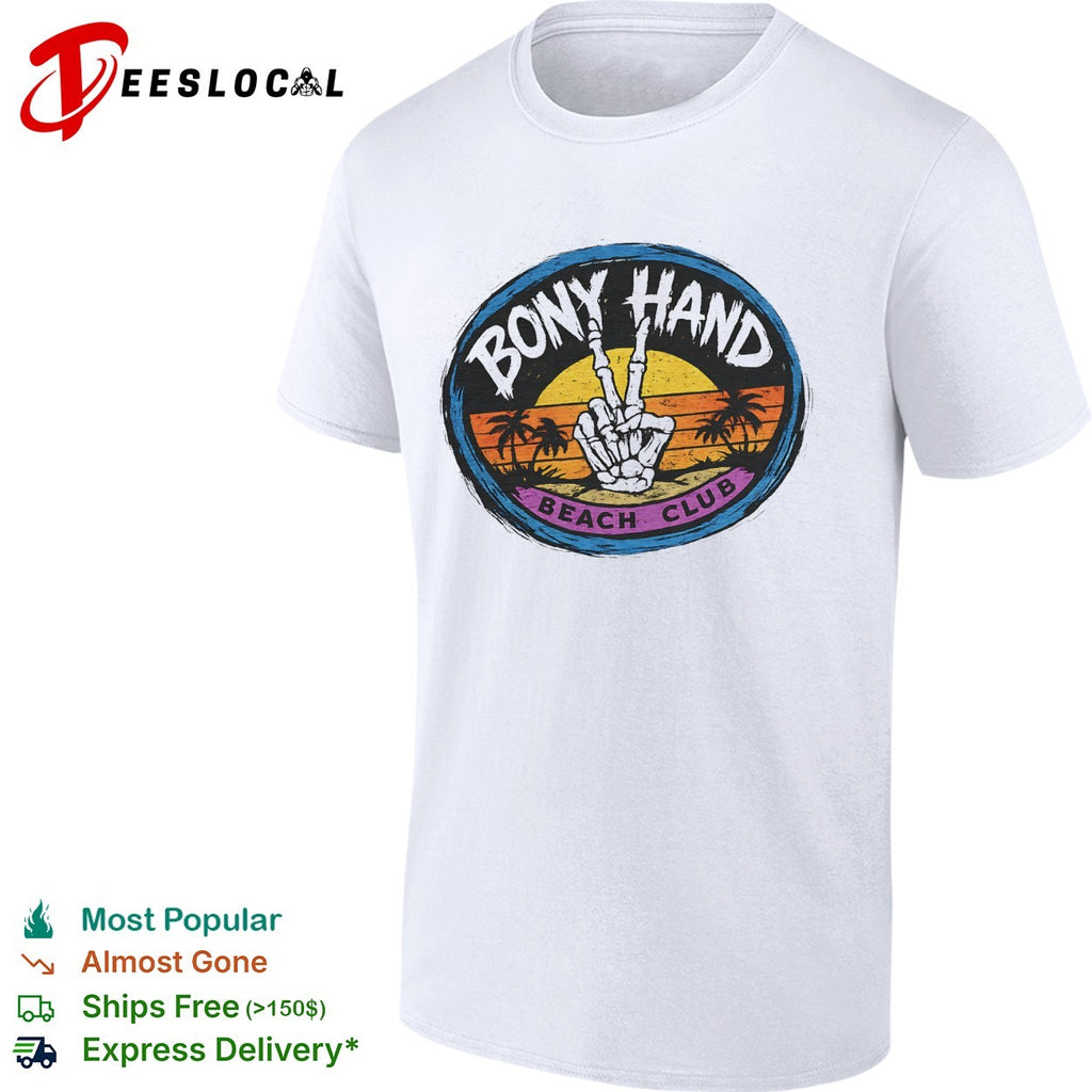 Skeleton peace sign Bony Hand Beach Club tropical sunset badge shirt