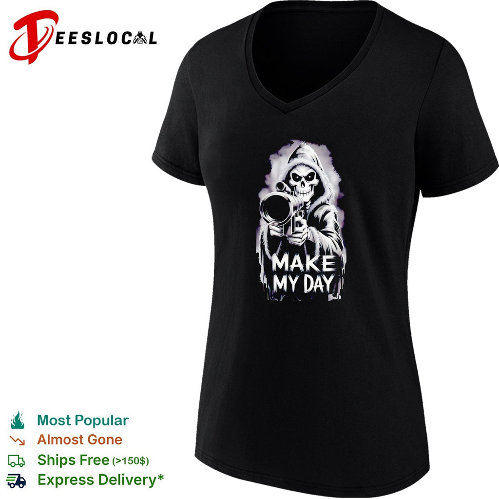 Skeleton pointing gun make my day grim reaper shirt