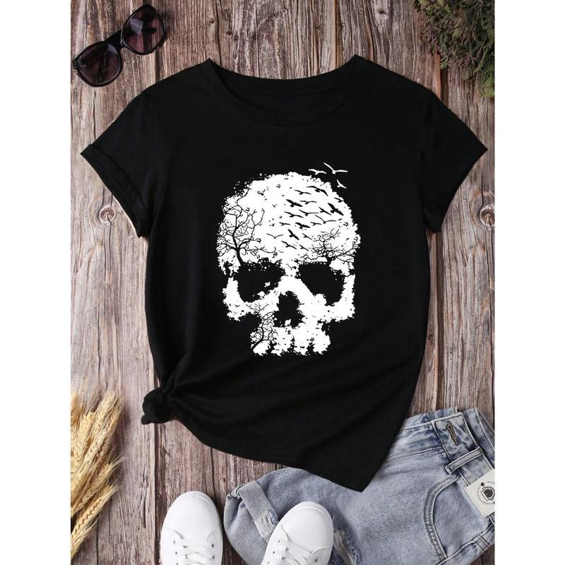 Skull Hollow Out Pattern Printed Short Sleeve T-Shirt Graphic Tees Women Tops Hoodie, Sweatshirt | PodTeesHub.com
