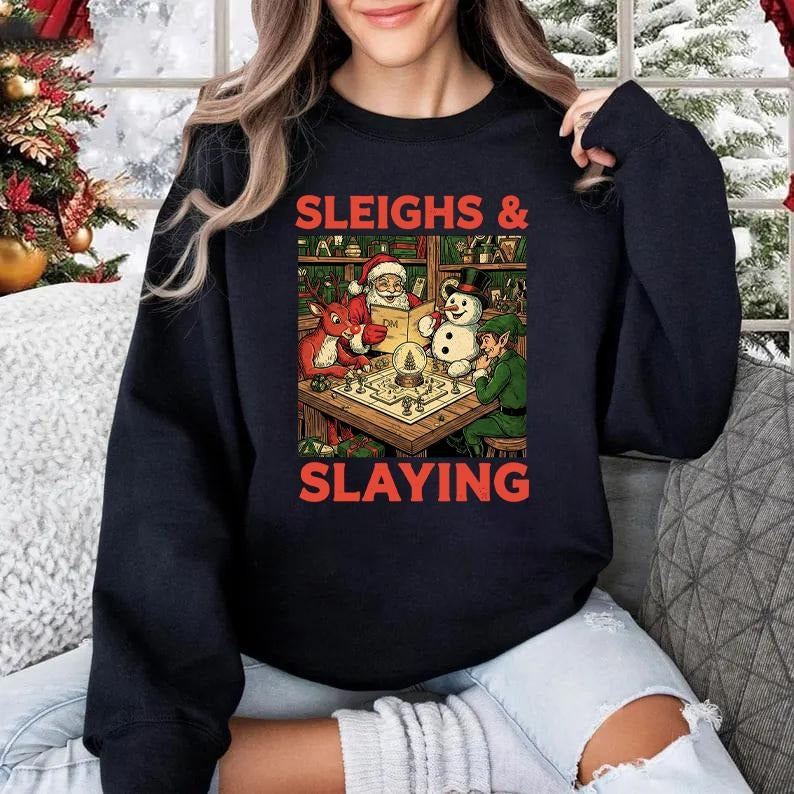 Sleighs and Slaying Shirt, Funny DnD Christmas Tee | Dungeons and Dragons, Dungeon Master Gift, TTRPG, RPG Gamer Holiday...