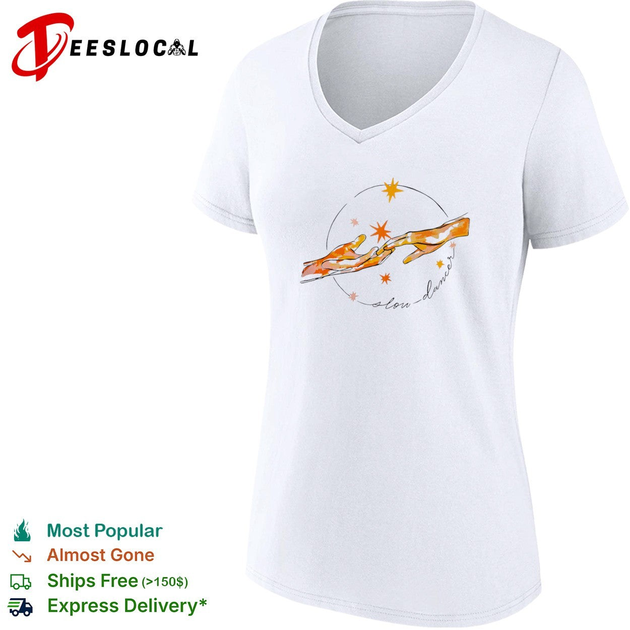 Slow dancer touching hands with celestial stars and cosmic shirt