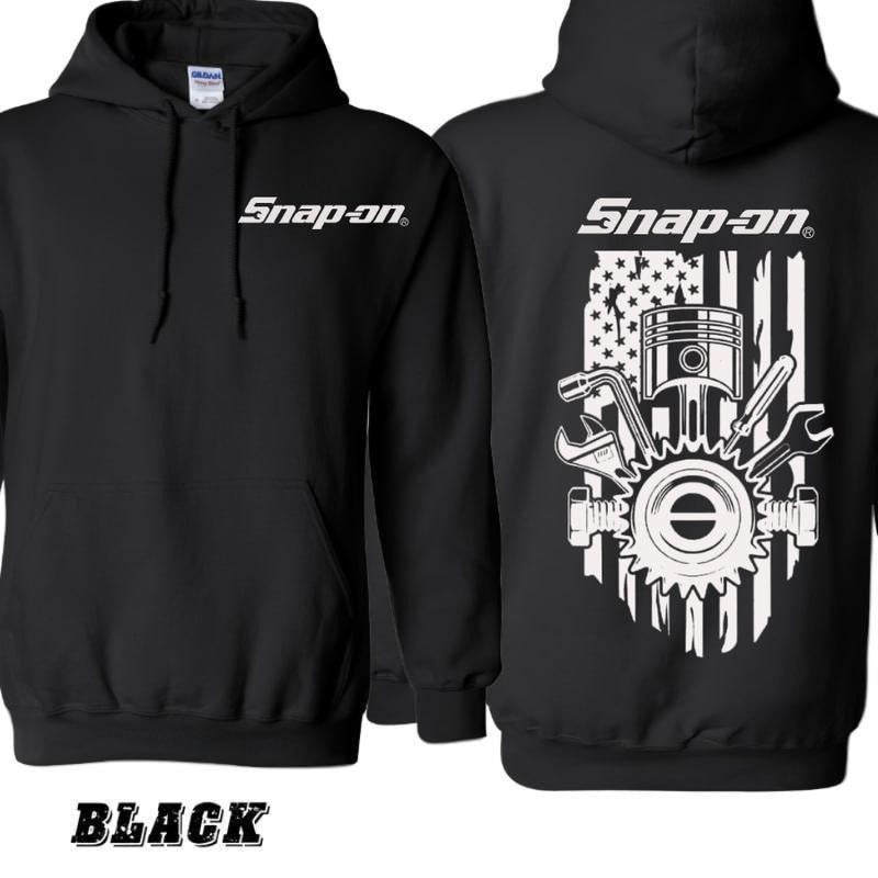 Snap-On American Flag Graphic Hoodie, Mechanic-Inspired Design Featuring Tools and Piston, Unisex Hoodie for Tool...