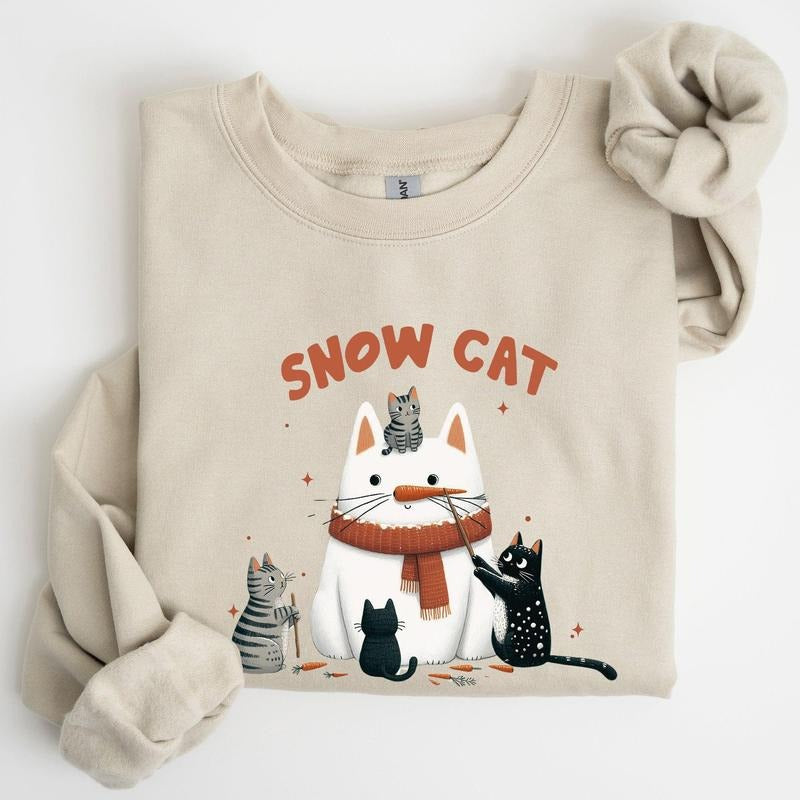 Snow Cat, Snowman, Cats, Christmas, Winter Sweatshirt, Crew Neck, Women's, Crewneck T-Shirts, Hoodie | PodTeesHub.com