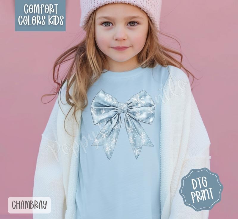 Snowflake Bow Comfort Colors Youth Tshirt Hoodie, Sweatshirt | PodTeesHub.com