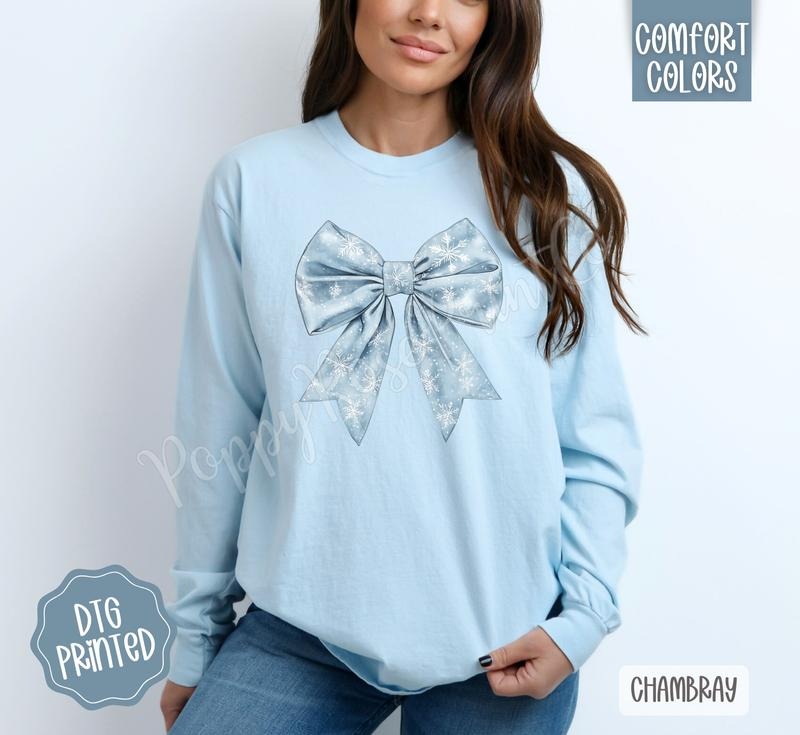 Snowflake Bow Long Sleeve TShirt, Trendy Women's Tee Hoodie, Sweatshirt | PodTeesHub.com