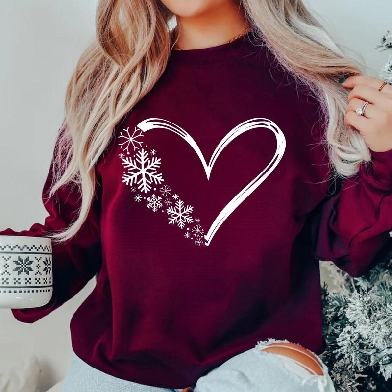 Snowflake Sweatshirt, Christmas Sweatshirt, Women Holiday Shirt, Snow Flake Heart Sweater, Snow Sweatshirt, Christmas...
