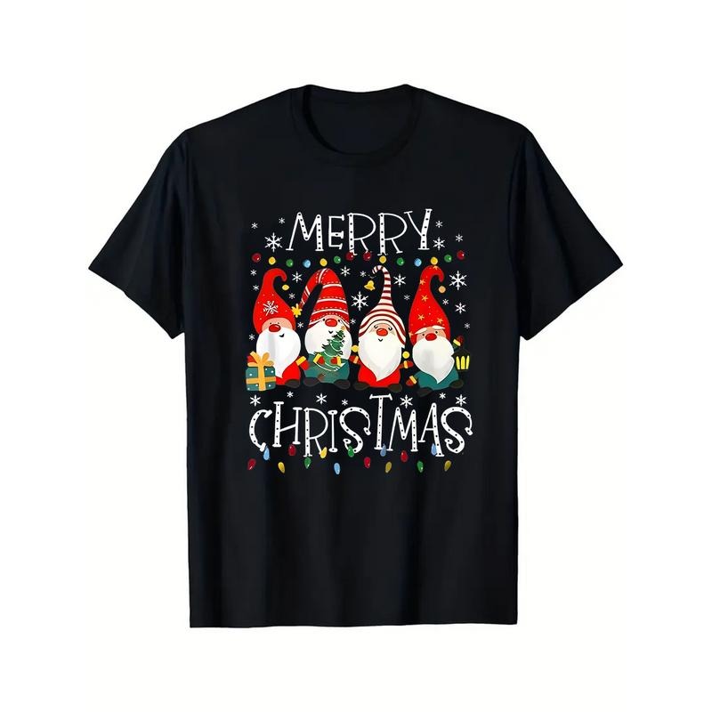 Snowflakes Christmas Gnomes Cotton T-shirt Women Festive Santa Gnomes With Christmas Tree Lights Print Holiday Wear Gift...