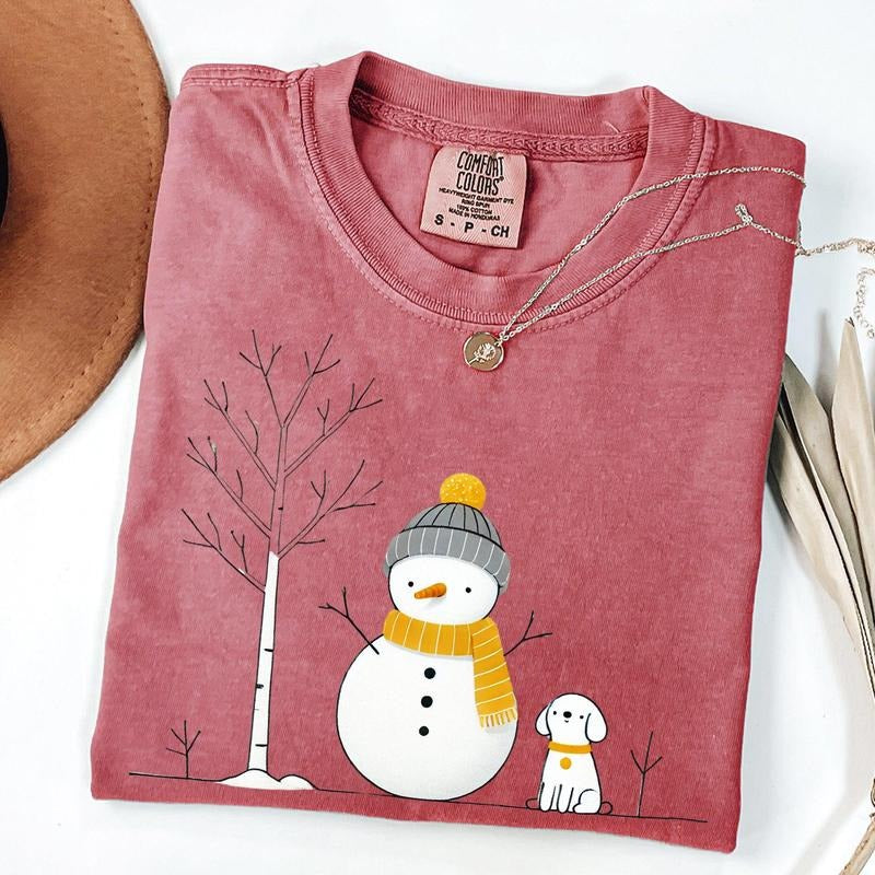 Snowman and Dog, Cute, Winter, Tree, Christmas, Snow Tshirt, Christmas Comfort Colors Tshirt, Women's Graphic Tee, Xmas,...
