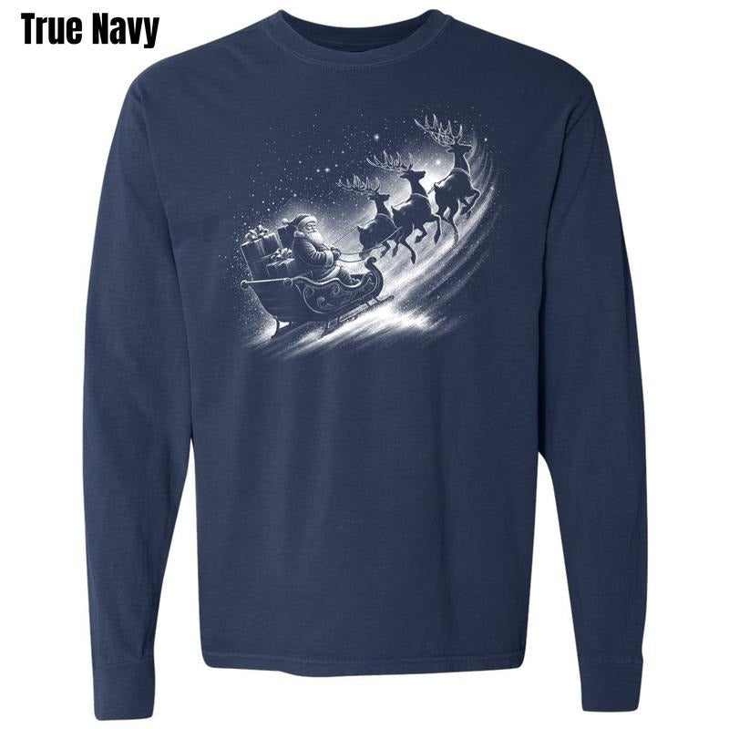 Snowy Santa's Sleigh Comfort Colors Long Sleeve T-Shirt 'BFNLB' Hoodie, Sweatshirt | PodTeesHub.com