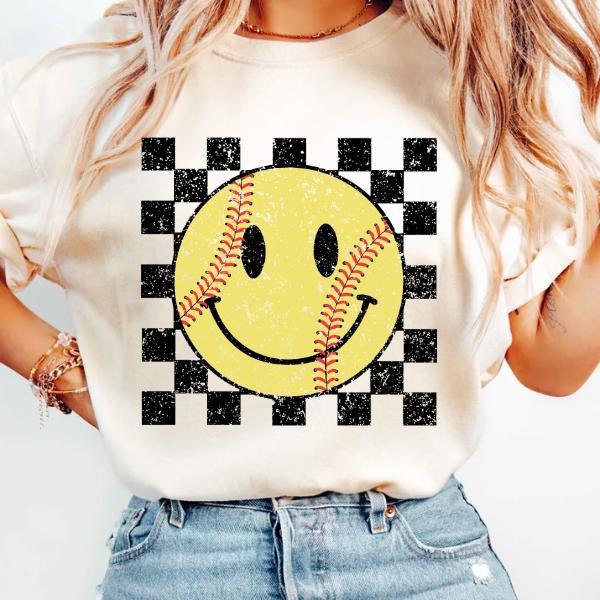 Softball Smiley Face Shirt, Retro Checker Board Tshirt for Softball Lover, Softball Mom Crewneck Tshirt Hoodie, Sweatshirt