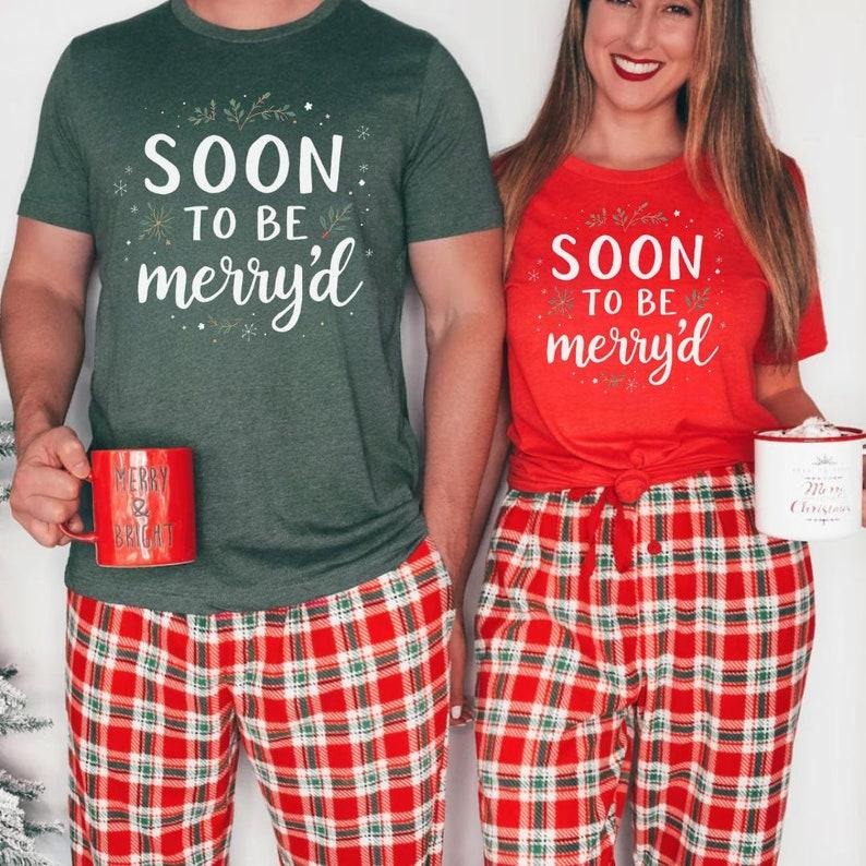 Soon To Be Merry'd Christmas Shirt, Engaged Couple Christmas tee, Christmas Couple Matching Shirt, Engaged Christmas...