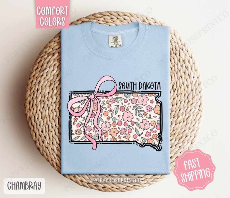South Dakota Floral Bow Comfort Colors T-shirt, Cute Trendy Tee, State Coquette Oversized Top Hoodie, Sweatshirt