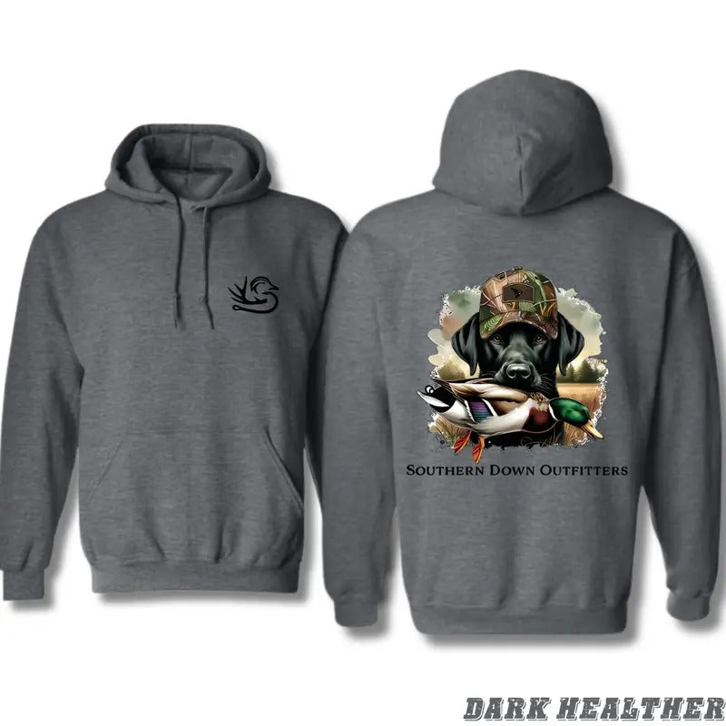 Southern Down Outfitters Hoodie - Dark Heather Unisex Hoodie Featuring Black Lab with Duck Graphic, Perfect for Outdoor...