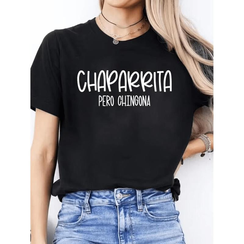 Spanish Letter Print Womens Casual T-Shirt Soft Polyester Blend Round Neck Short Sleeve Top For Spring Summer Light...