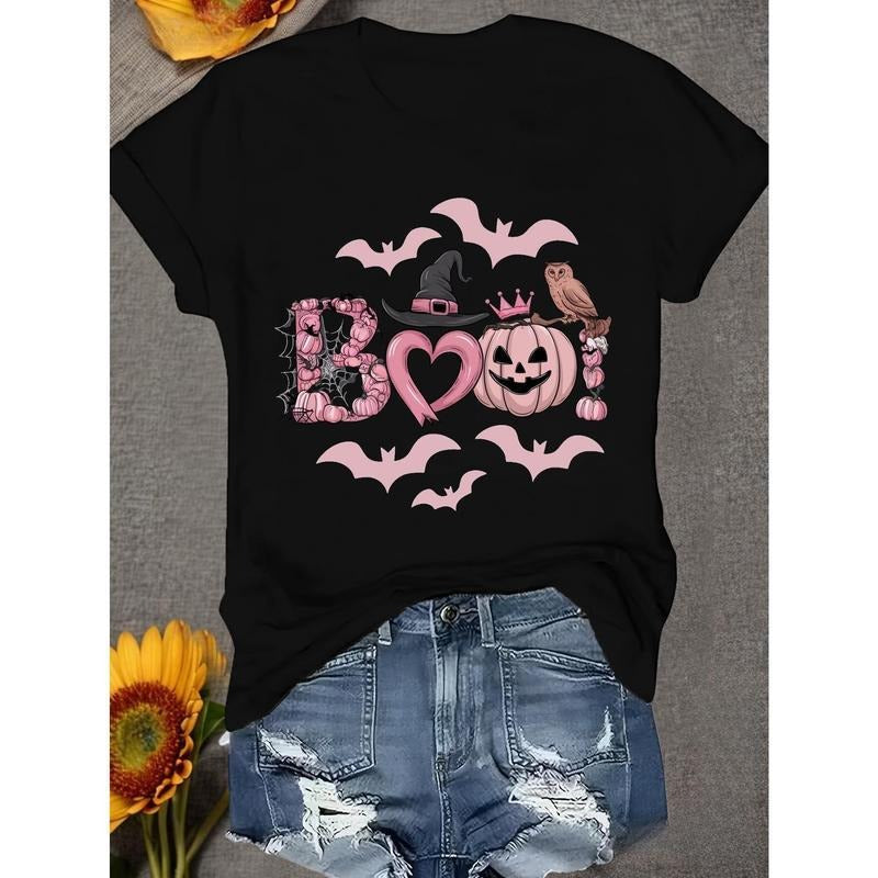 Spooky - chic Tee for Halloween Adorable "BOO!" Graphic with Bat and Pumpkin Elements,  Womenswear Cotton Hoodie,...