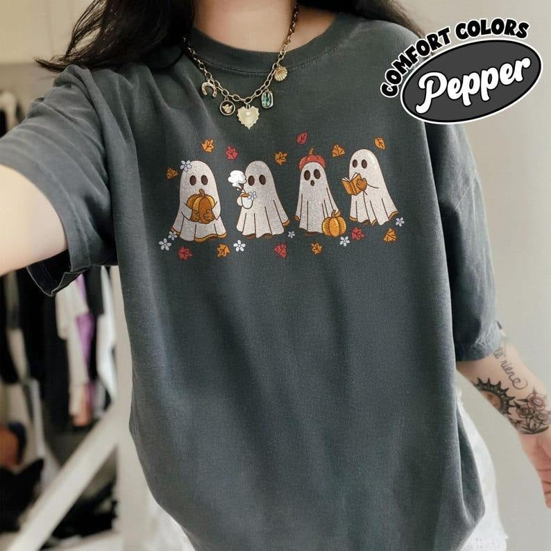 Spooky Fall Shirt Comfort Colors, Vintage Pumpkin Ghost Halloween Tee, Spooky Season Shirt, Cute Halloween Gift Shirt...