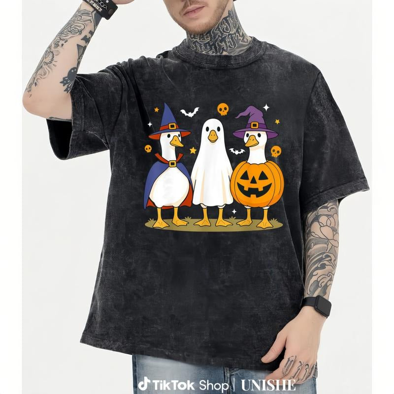 Spooky Goose, Ghost and Autumn Washed Halloween T-Shirt Hoodie, Sweatshirt | PodTeesHub.com