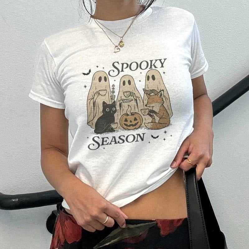 Spooky Season Halloween Baby Tee, T-shirt Retro Halloween Graphic Tee, Spook Show, Ghosts Pumpkin Baby Tee, Scary Night...