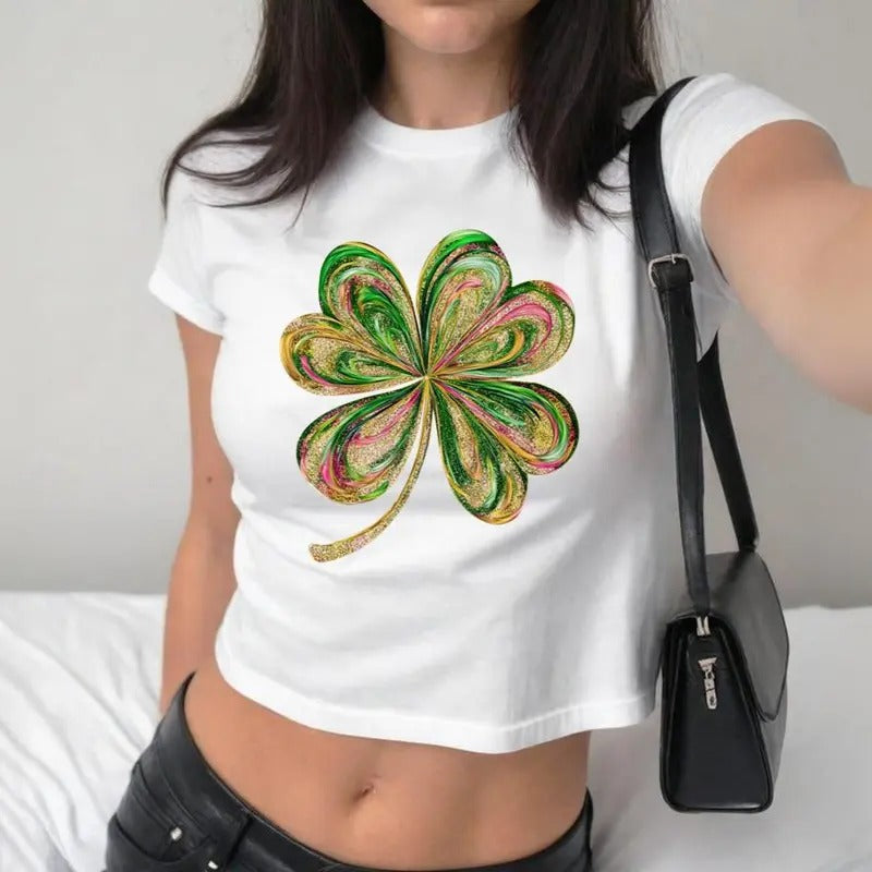 St. Patrick's Day Graphic Shamrock Baby Tee, Four Leaf Clover Graphic Gift, St. Patty's Day Sequin Style, DTF Transfer...
