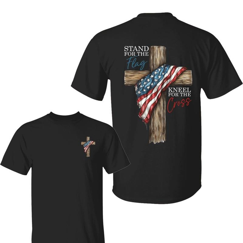 Stand For The Flag Kneel For The Cross 2 Sided T-Shirt, Graphic Tees For Men For Women Cotton Fabric Casual Crew Neck...