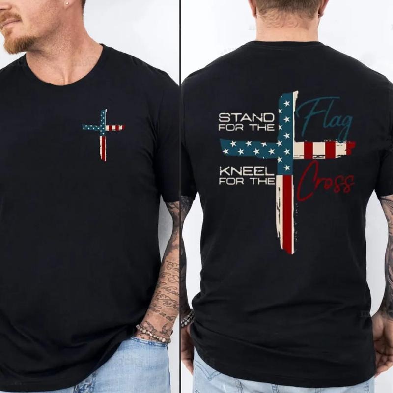 Stand For The Flag Kneel For The Cross 4th Of July 2 Sided Unisex T-Shirt, Graphic Tees for Men and Women, Cotton Fabric...