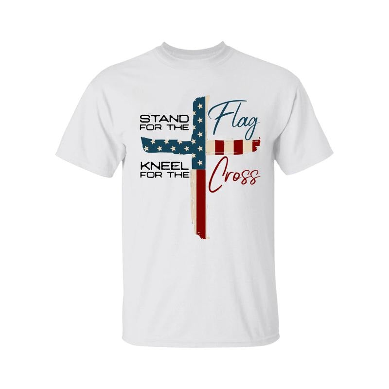 Stand For The Flag Kneel For The Cross T-Shirt, Jesus Shirt, Graphic Tees for Women Cotton Fabric Casual Crew Neck Short...