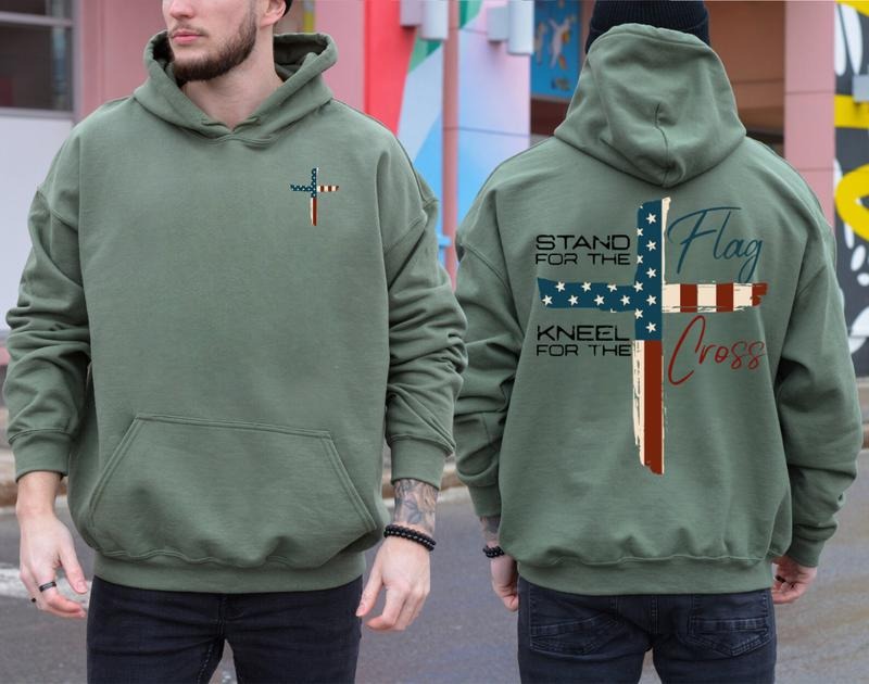 Stand for the Flag Kneel for the Cross Christian Hoodie, Patriotic Long Sleeve Cotton Pullover for Fall Winter, Apparel...