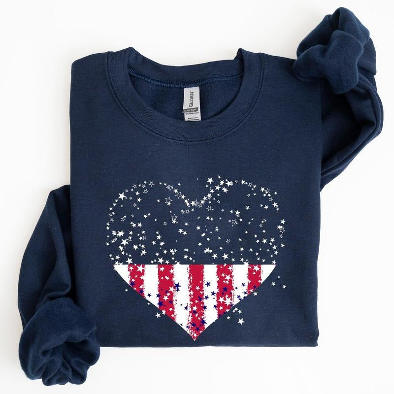 Star Hearts, Red White Blue, 4th of July Sweatshirt, Women's Crew Neck, Crewneck T-Shirts, Hoodie | PodTeesHub.com