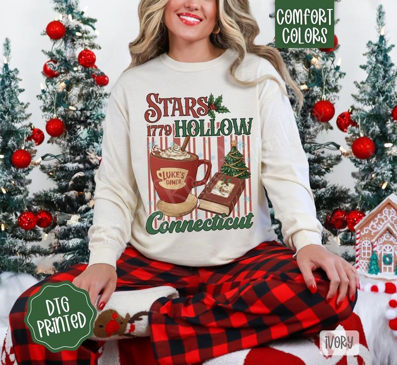 Stars Hollow Christmas Comfort Colors Long Sleeve T-Shirt, Cute Women's Holiday Tee Hoodie, Sweatshirt | PodTeesHub.com