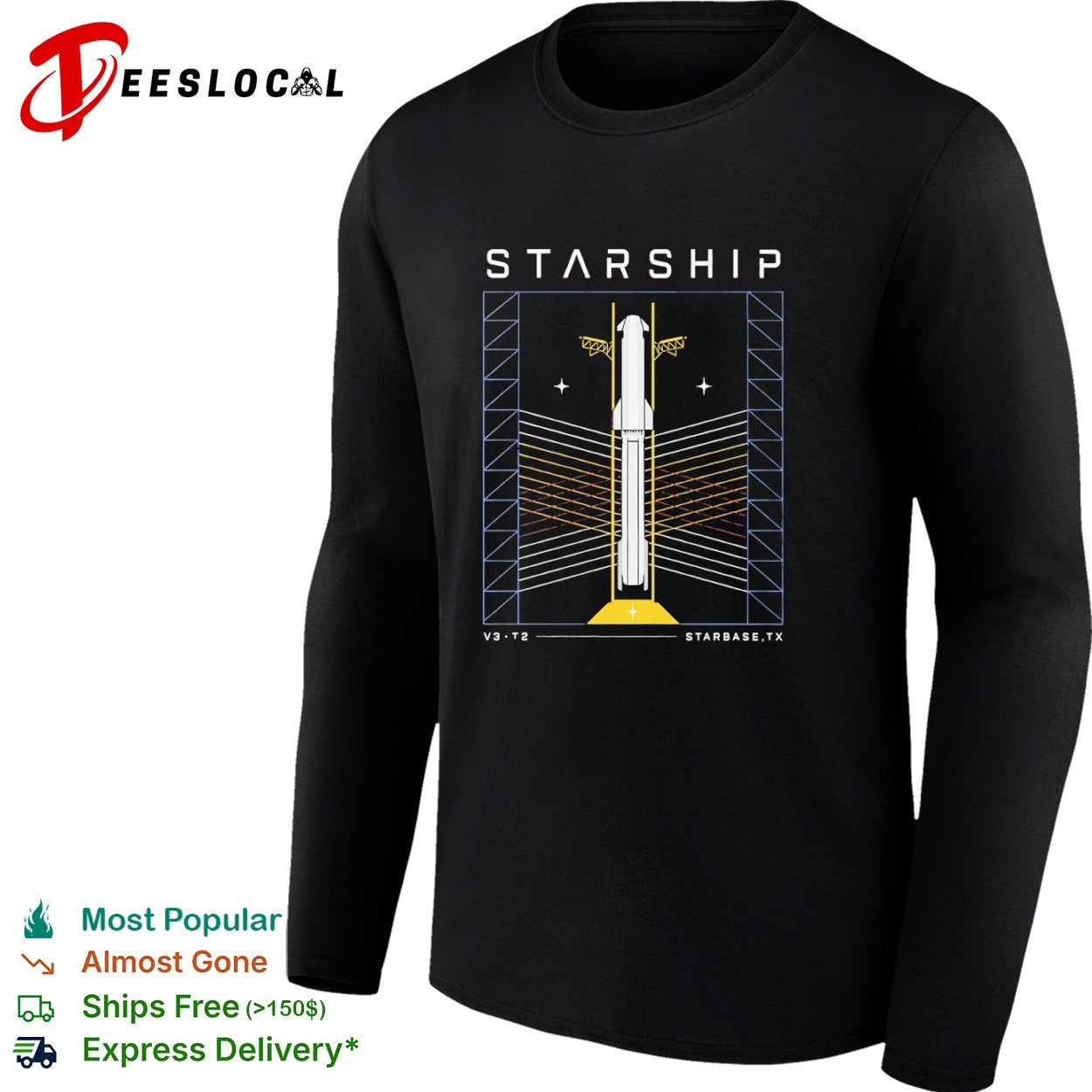 Starship V3 T2 Starbase TX SpaceX Rocket Schematic Technical Shirt