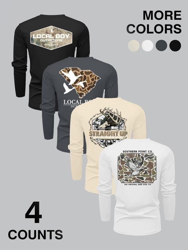 4 Pack Southern Outdoor Graphic Long Sleeve T-Shirts - Multi-Print (Deer/Duck/State) Multi-Color Casual Tees Set Hoodie,...