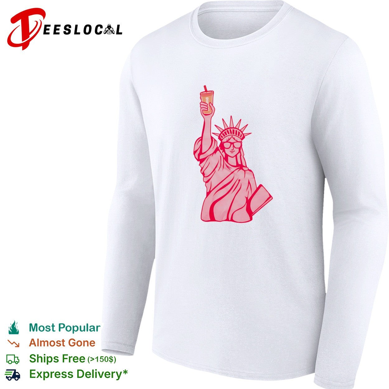 Statue of Liberty wearing sunglasses holding iced drink shirt