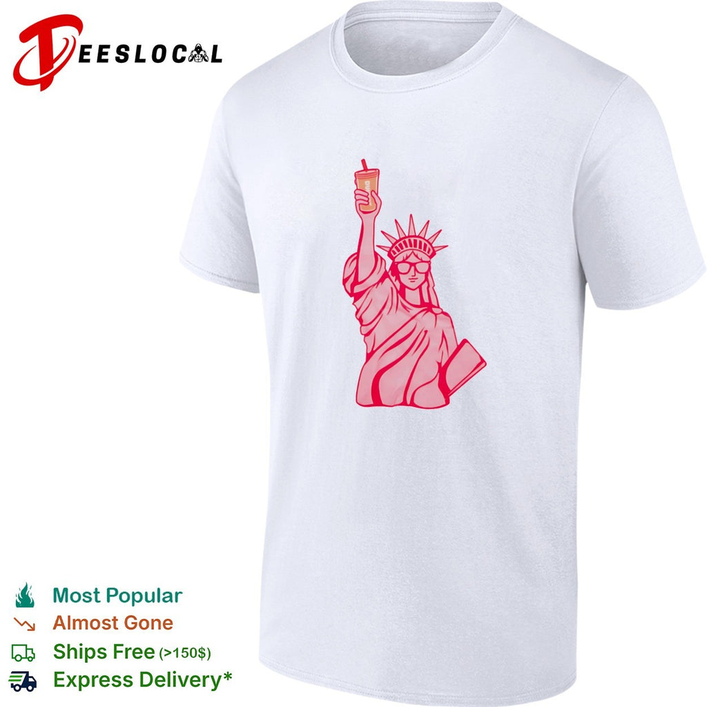 Statue of Liberty wearing sunglasses holding iced drink shirt