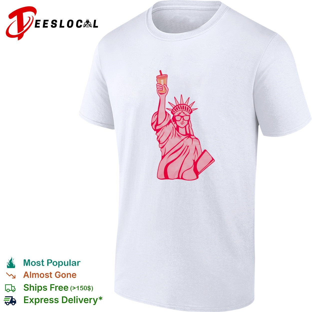 Statue of Liberty wearing sunglasses holding iced drink shirt