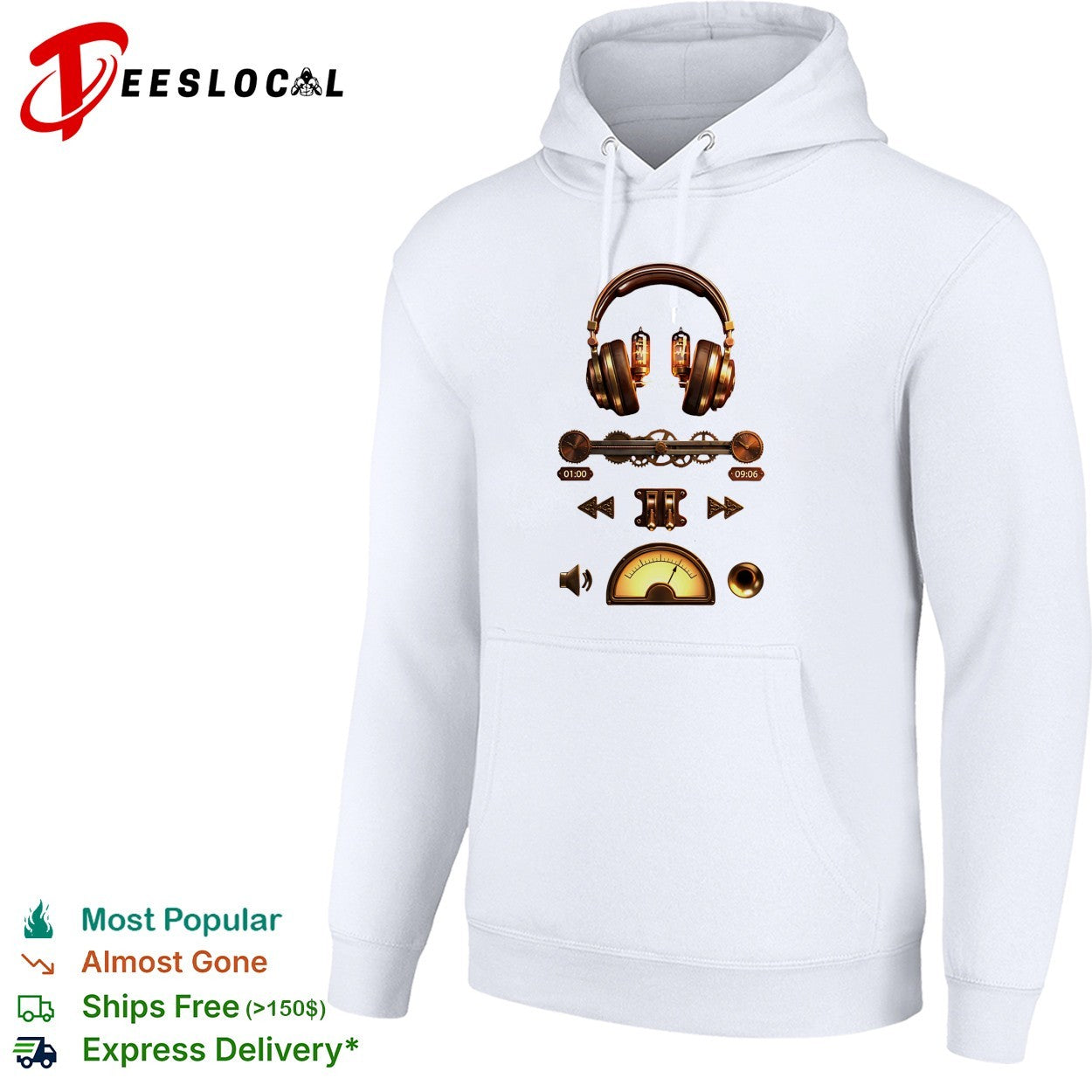 Steampunk headphones music player gear controls shirt