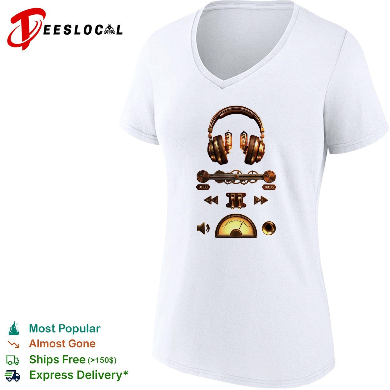 Steampunk headphones music player gear controls shirt