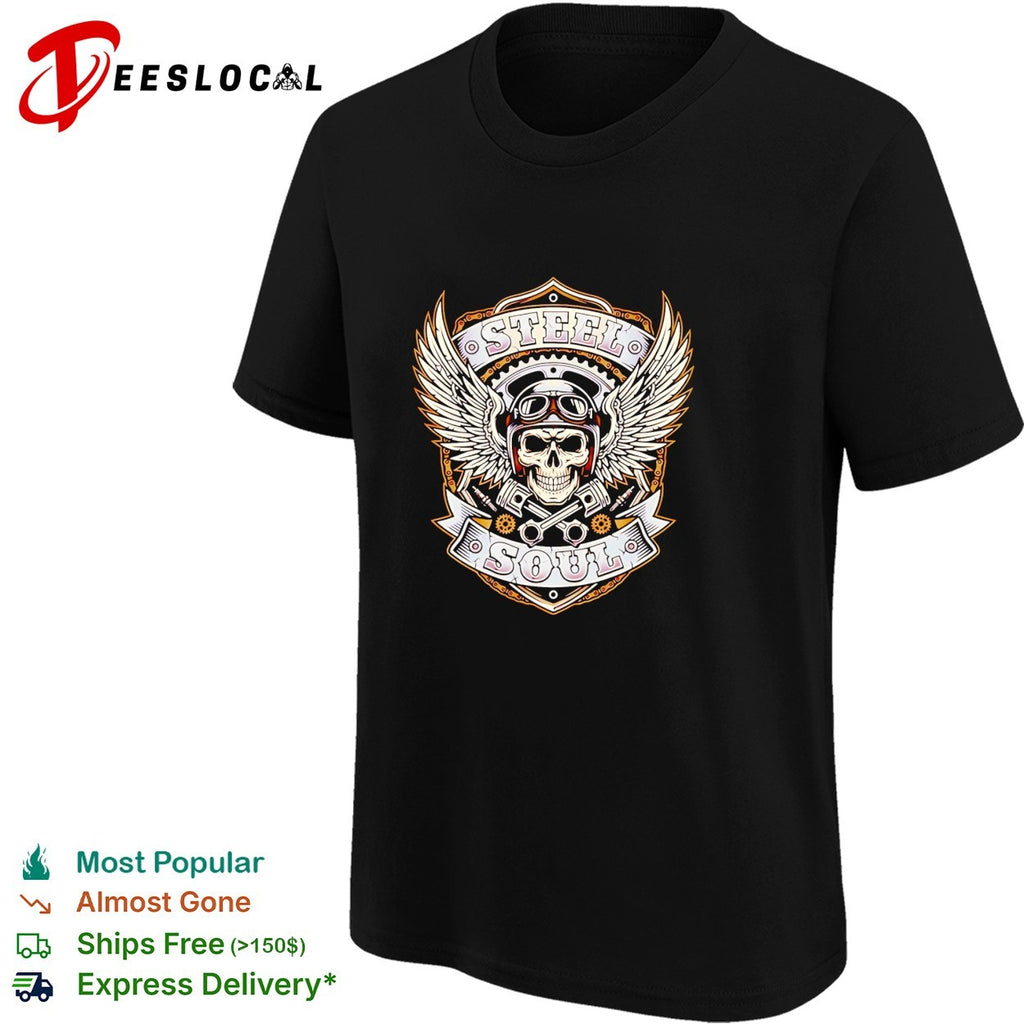 Steel Soul Skull with Wings and Pistons retro shirt