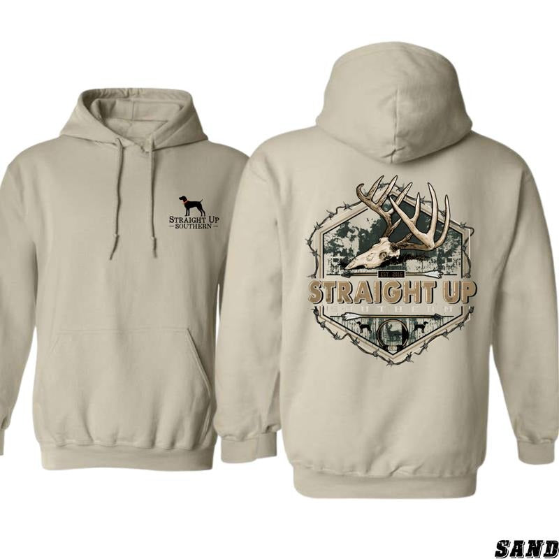 Straight Up Southern Deer Skull Hoodie - Rugged Outdoor Design Featuring Trophy Buck Antlers and Camo Elements, Perfect...