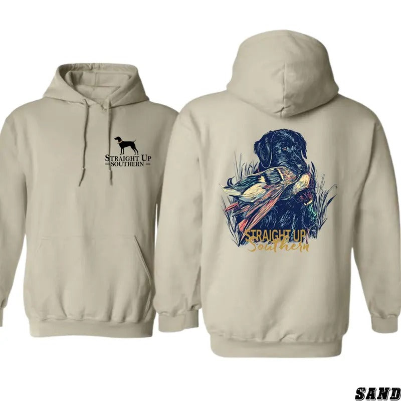 Straight Up Southern Duck Hunting Hoodie - Dark Heather Hoodie with Bold Black Labrador Retriever and Duck Design, Ideal...