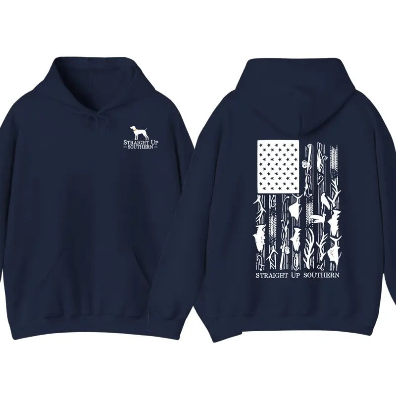 Straight Up Southern Menswear Hoodie-Patriotic American Flag and Hunting Graphics, Perfect for Outdoor Enthusiasts, for...