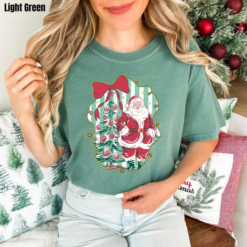 Striped Santa + Tree Comfort Colors T-Shirt 'NLB' Hoodie, Sweatshirt | PodTeesHub.com