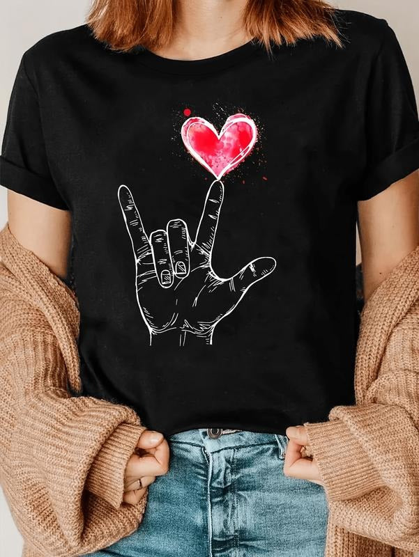 Stylish Casual Valentine's Day TShirt for Women Featuring HandDrawn Heart and Sign Language Love Symbol Soft Breathable...