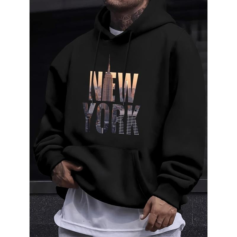 Stylish Men's Geometric New York Print Hoodie in Comfortable Polyester Knit Fabric for Spring and Autumn Casual Wear...
