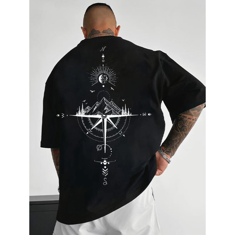 Stylish Mens Casual Compass Print T Shirt With Breathable Polyester Fabric Crew Neck And Short Sleeve For Summer In...