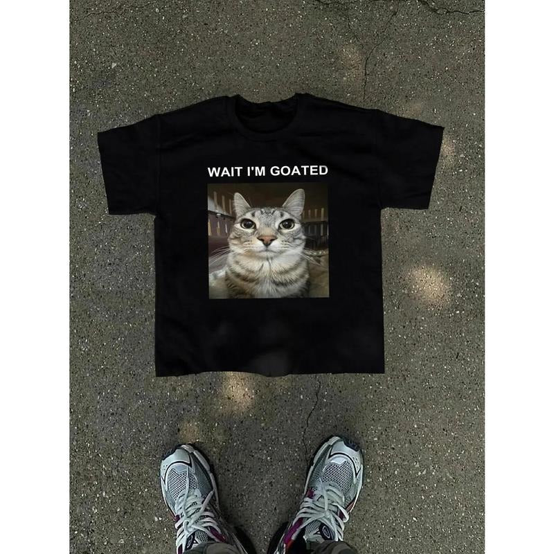 Stylish Mens Cat and Letter Print Round Neck Tee for Casual Daily Wear and Summer Street Fashion Hoodie, Sweatshirt