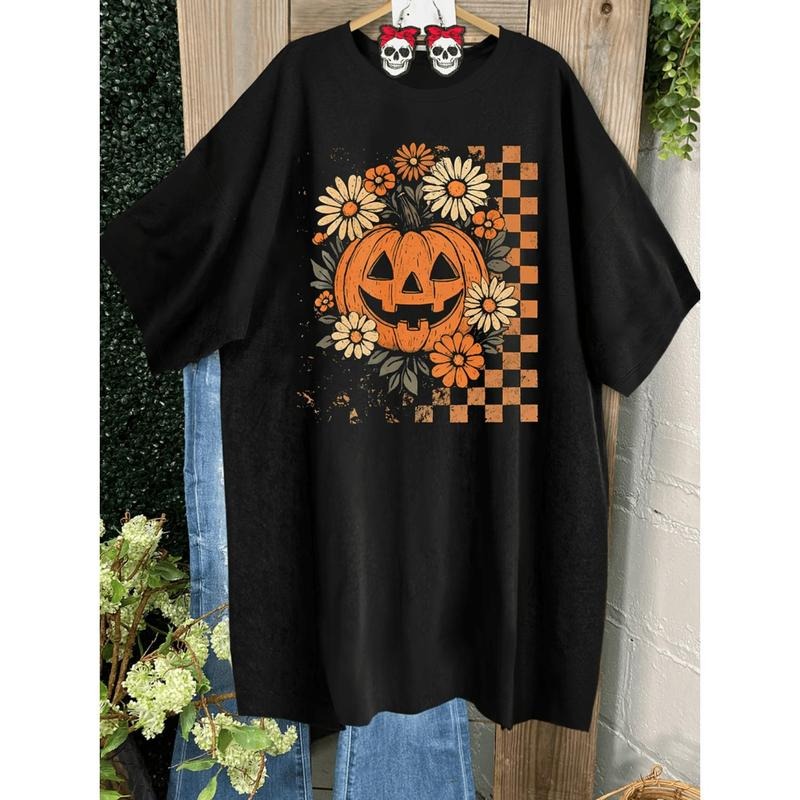 Stylish Plus Size Oversized Halloween Shirt Featuring Pumpkin Floral Print and Jack-O'-Lantern Design Ideal for Casual...