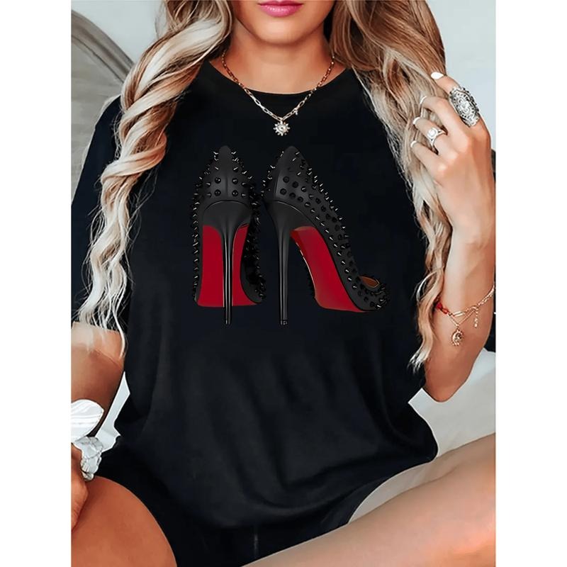 Stylish Women High Heel Print T Shirt Short Sleeve Round Neck Casual Summer Top Comfortable Fabric Medium Stretch Black...