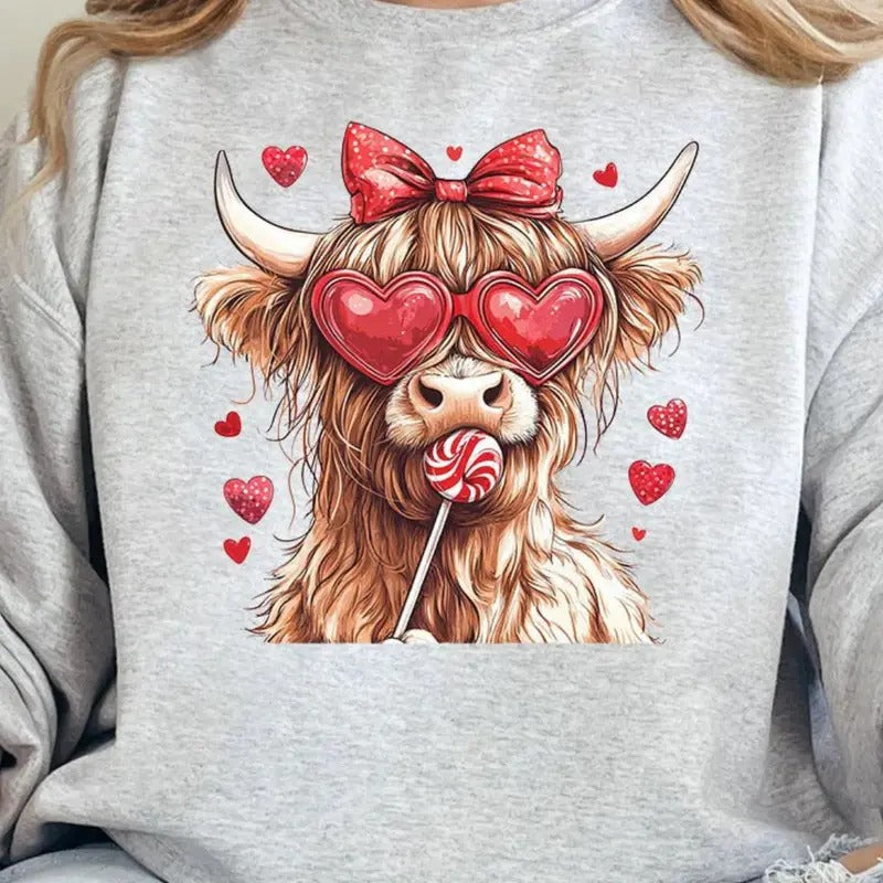 Sucker For Love Unisex NuBlend Crew Sweatshirt Girly Bow Valentine Highland Cow T-Shirts, Hoodie | PodTeesHub.com