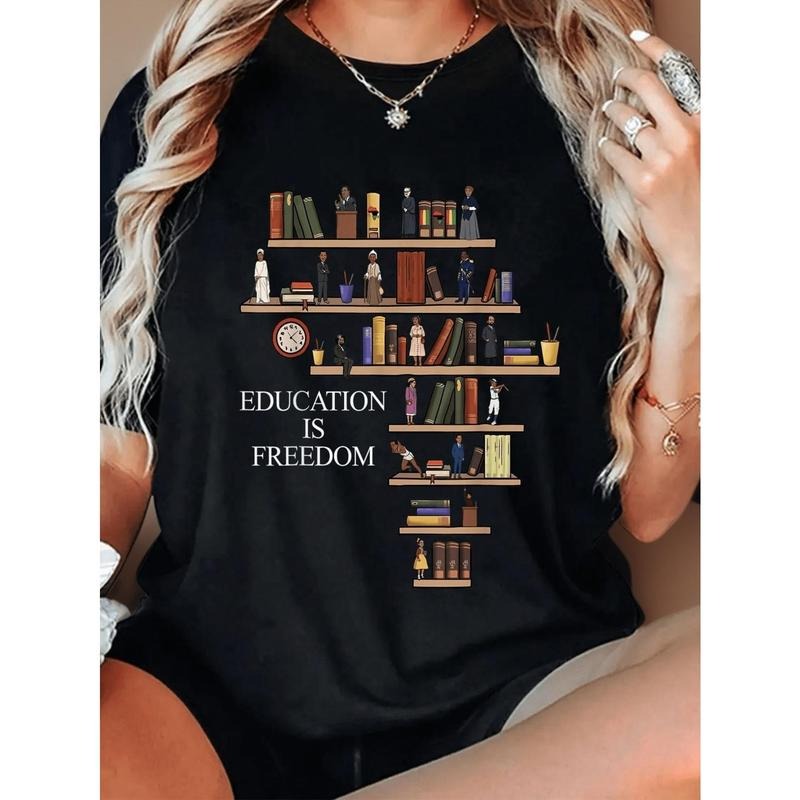 Breathable & Comfortable Women's T-Shirt | Casual Round Neck Short Sleeve | Vintage Bookshelf Graphic Print | Machine...